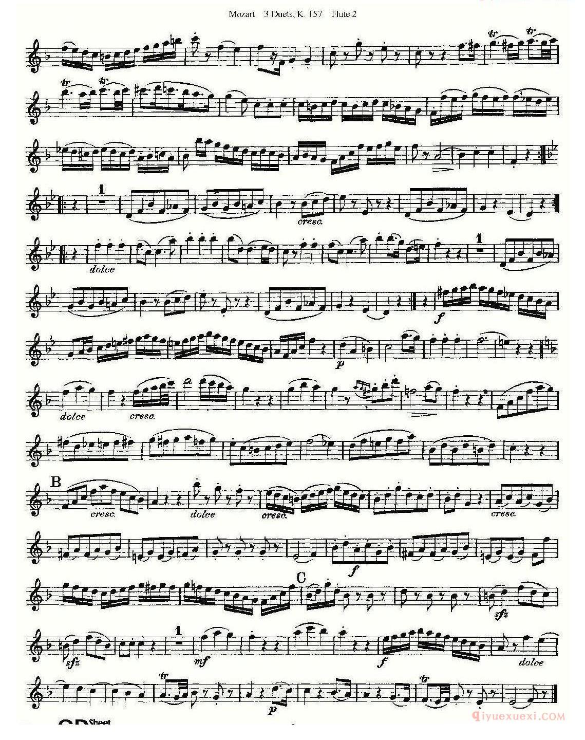 长笛谱子[3 Duets K.157 之第二长笛/二重奏三首 K157号]五线谱