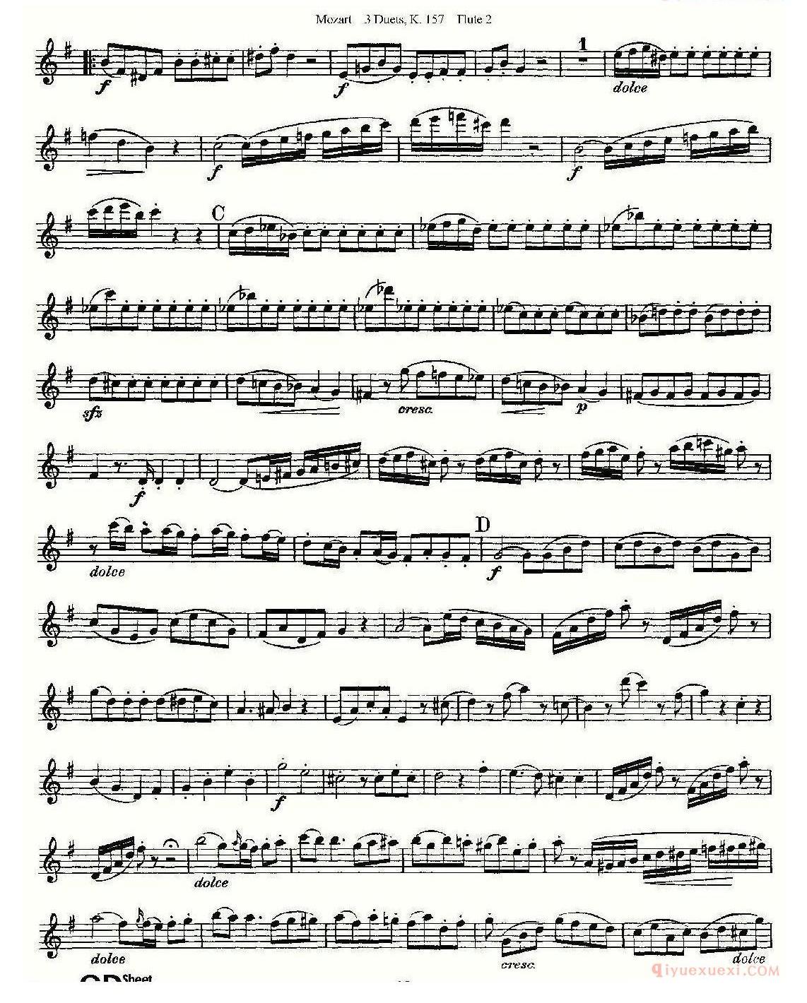 长笛谱子[3 Duets K.157 之第二长笛/二重奏三首 K157号]五线谱