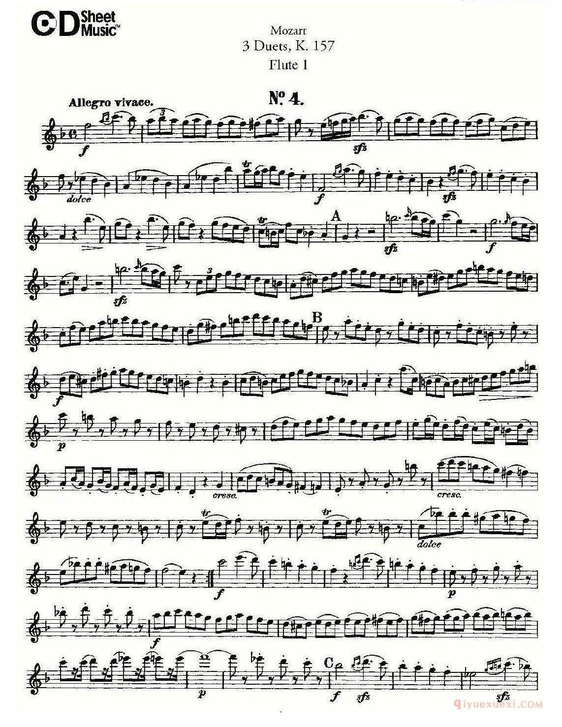 长笛谱子[3 Duets K.157 之第一长笛/二重奏三首 K157号]五线谱