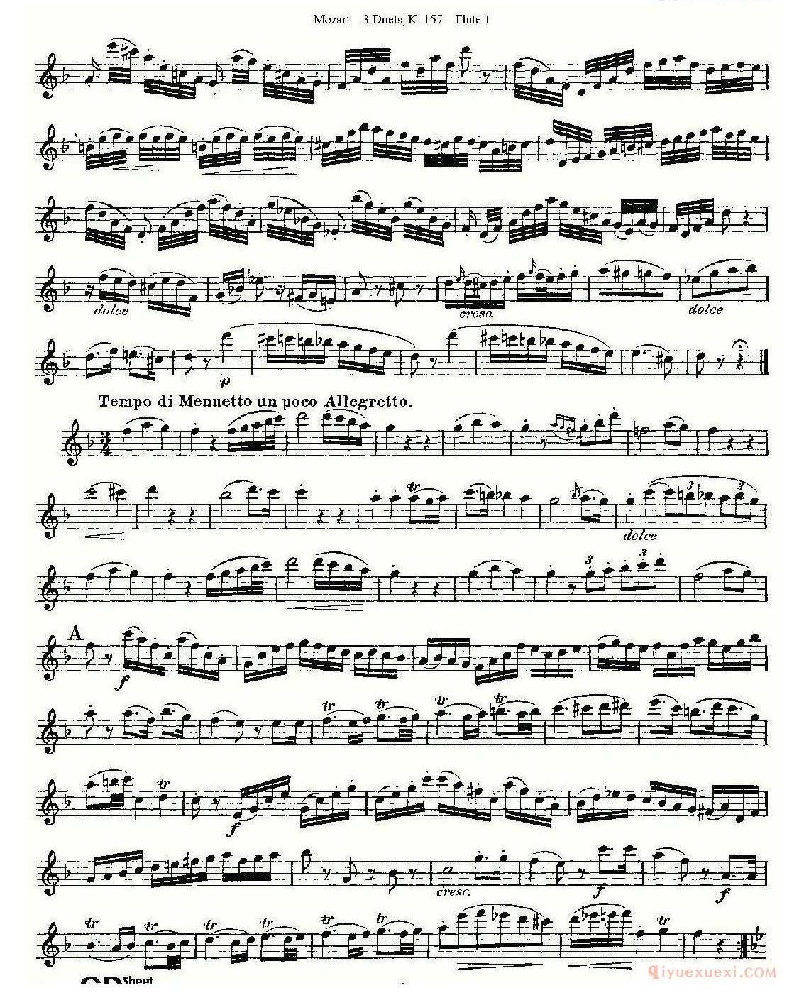 长笛谱子[3 Duets K.157 之第一长笛/二重奏三首 K157号]五线谱