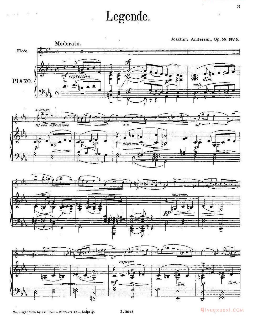 长笛乐谱[Legende/Op.55 No.5/长笛+钢琴伴奏]五线谱