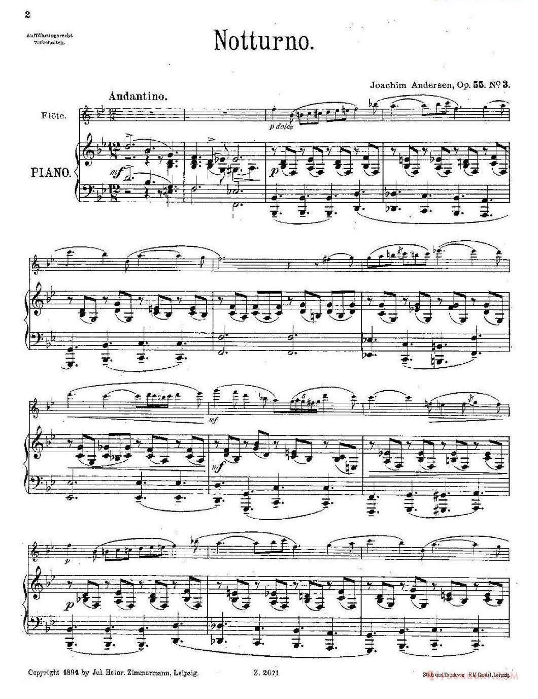 长笛乐谱[Notturno/Op.55 No.3/长笛+钢琴伴奏]五线谱