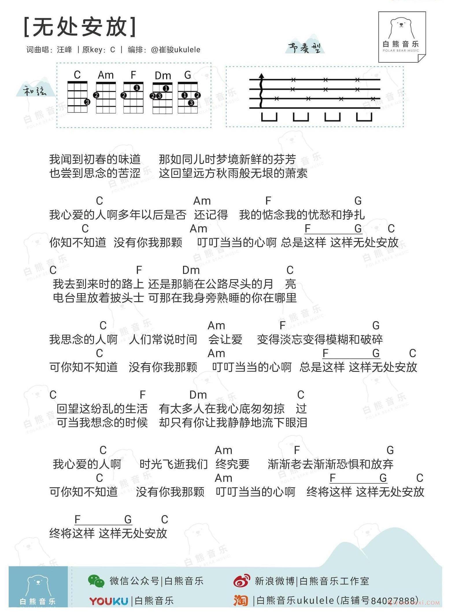 尤克里里谱[汪峰/无处安放]