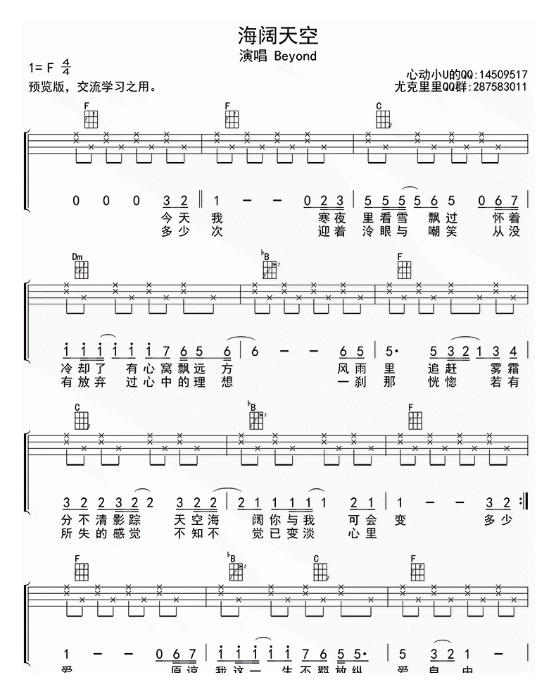 尤克里里谱[海阔天空]四线谱