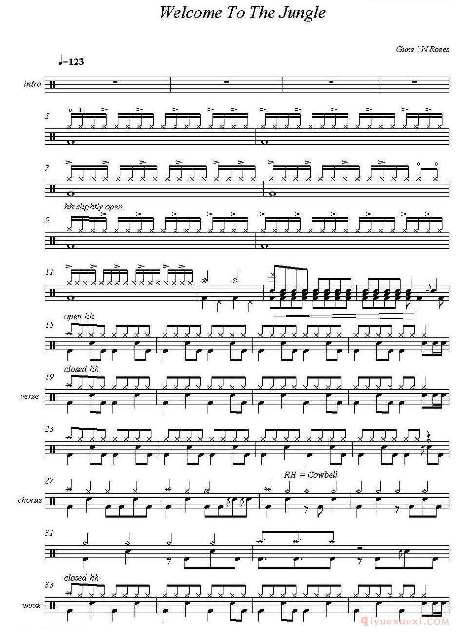 爵士鼓谱[Guns n' Roses - Welcome to the jungle]
