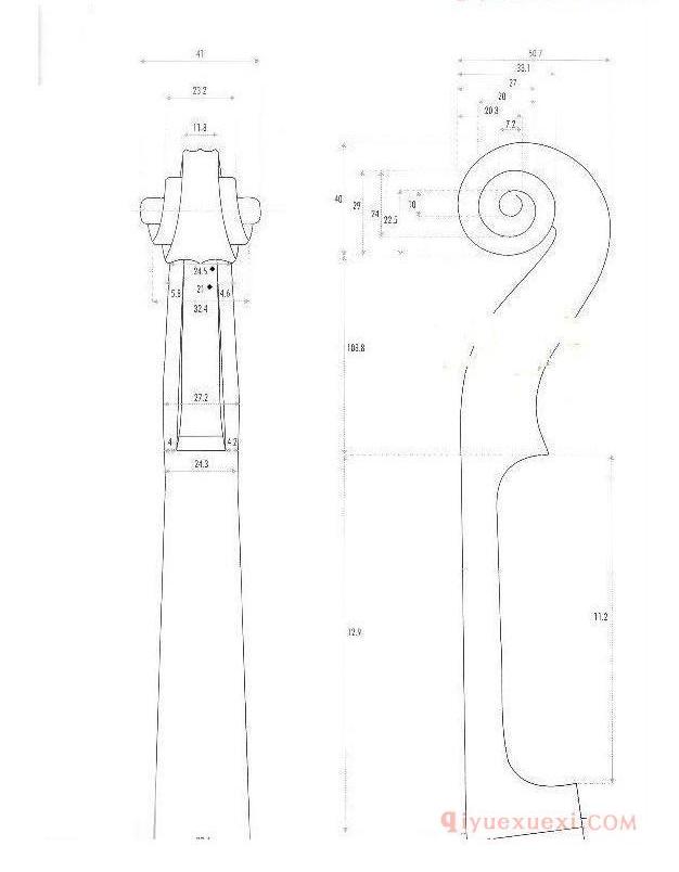 瓜尔内里 1742小提琴 面板,背板,琴头尺寸表