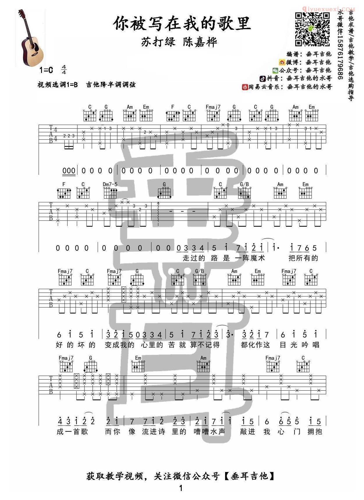 垂耳吉他《你被写在我的歌里》吉他谱