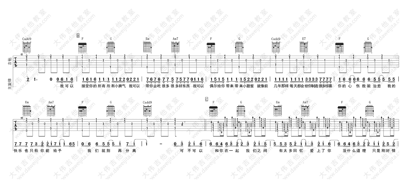 大伟吉他《可不可以》高清六线谱