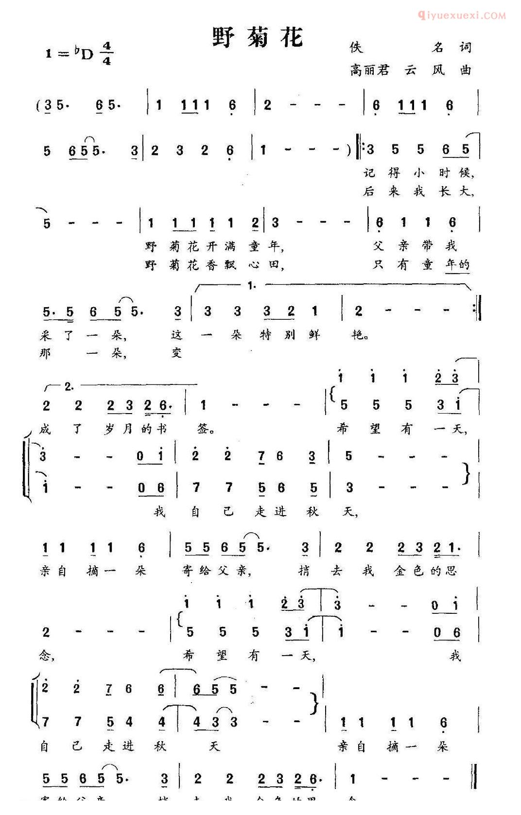 儿童歌曲简谱[野菊花]佚名词 高丽君、云风曲