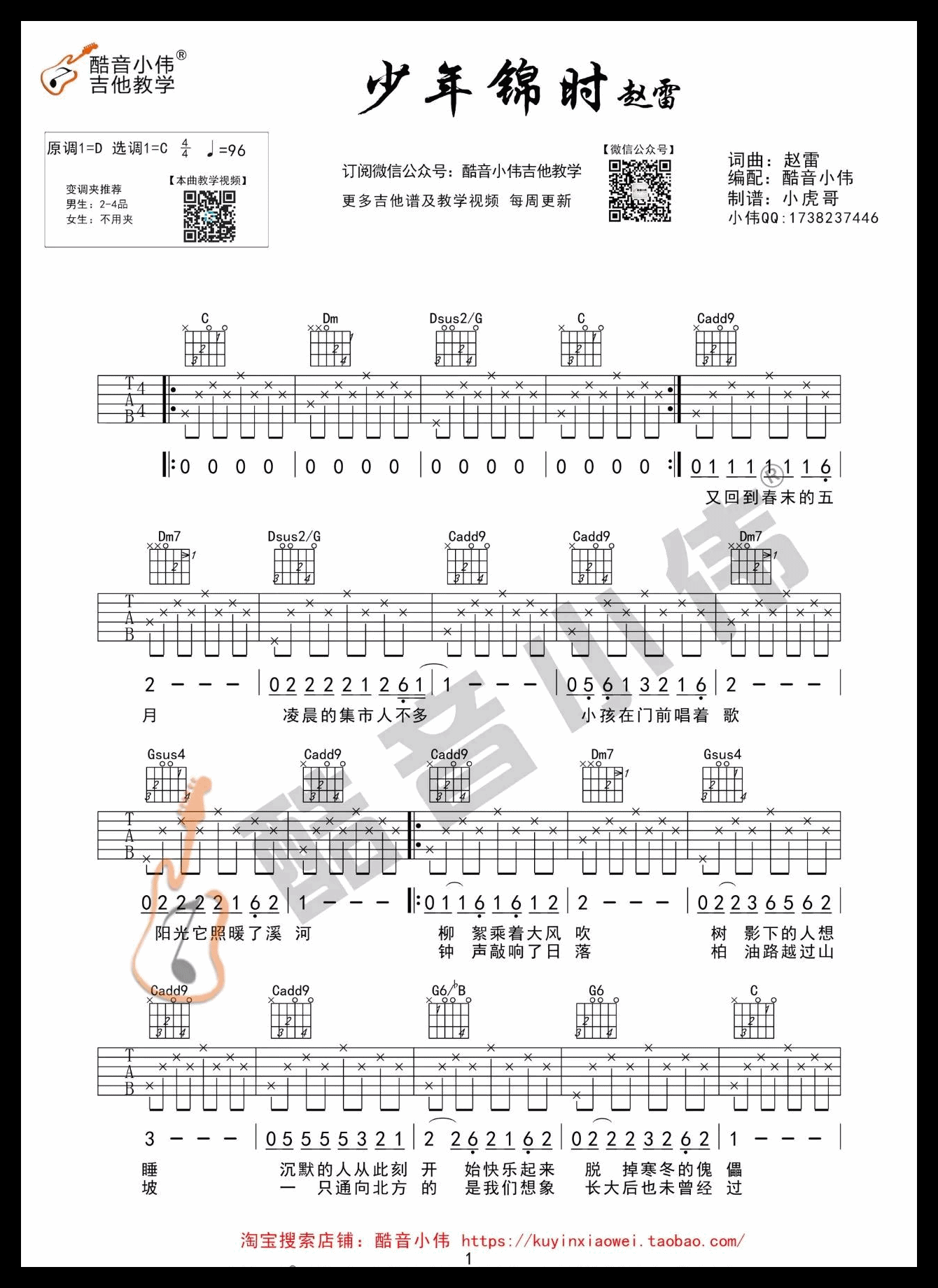 吉他资料网《少年锦时》吉他谱中级版-1