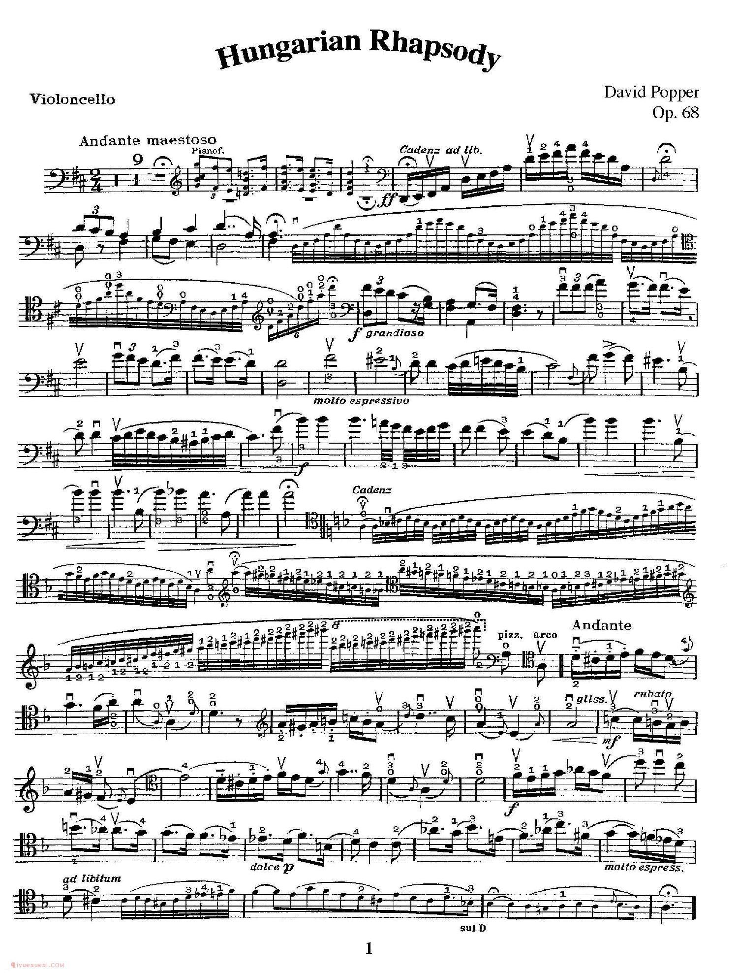 大提琴乐谱《匈牙利狂想曲/Hungarian Rhapsody》大卫·波帕尔