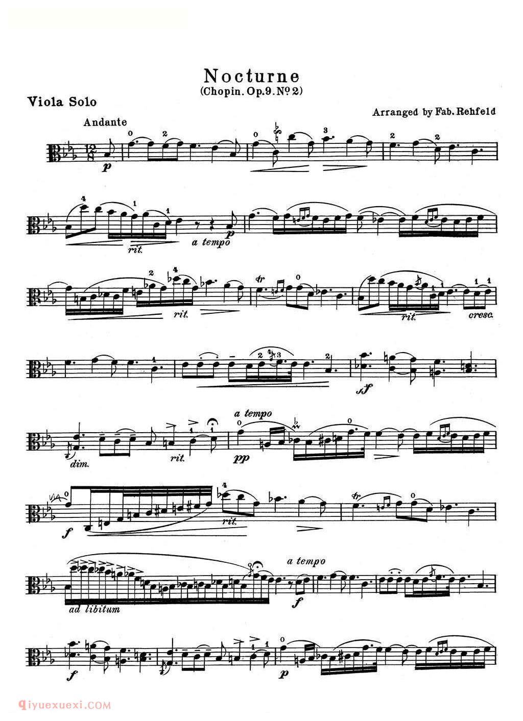 中提琴谱《肖邦 夜曲 Op.9 No.2》