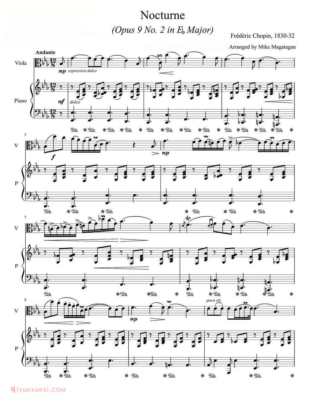 肖邦 夜曲 Op.9 No.2 中提琴钢伴谱