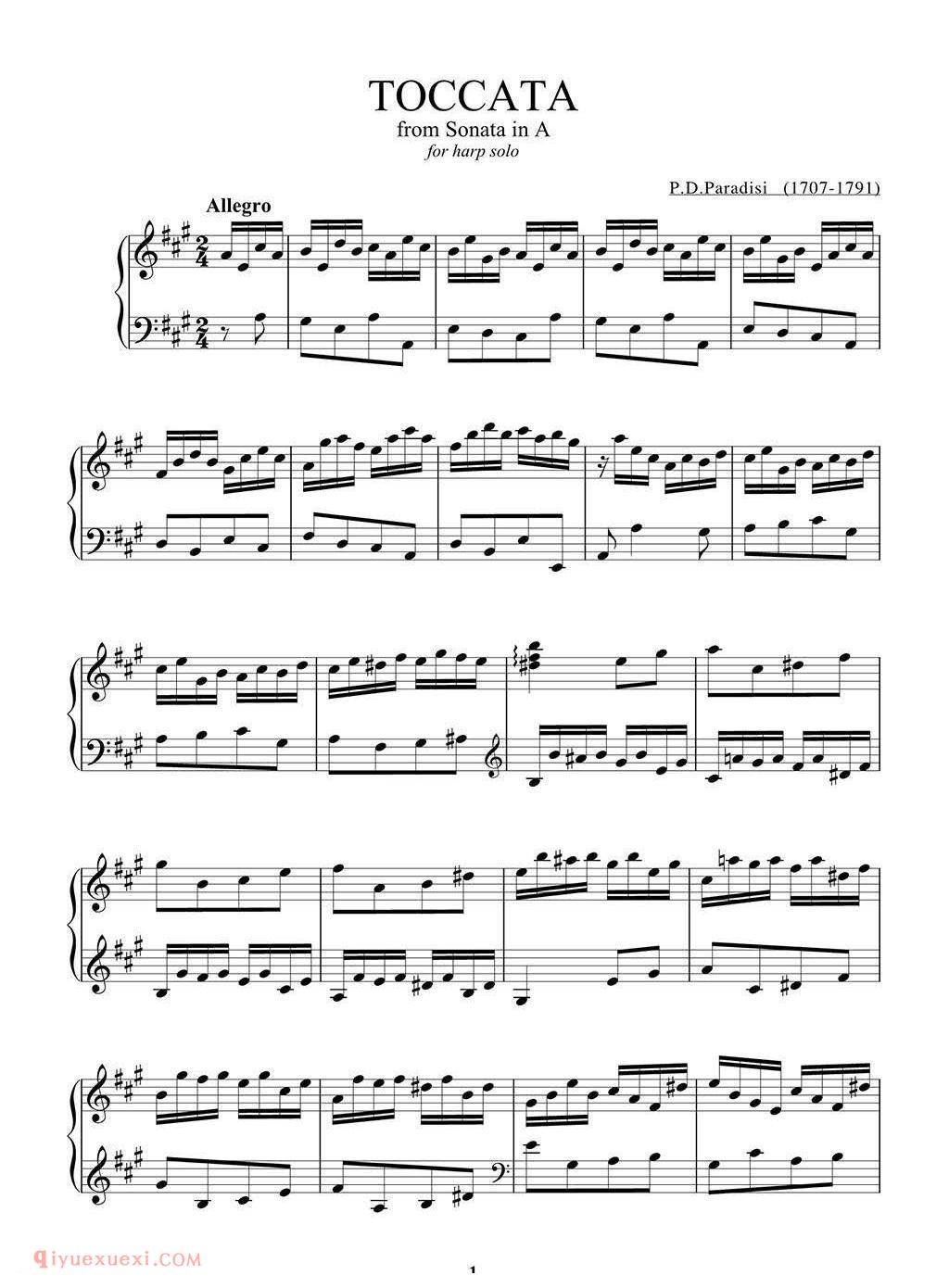 竖琴独奏谱《托卡塔/Paradisi Toccata from Sonata in A》帕拉迪西