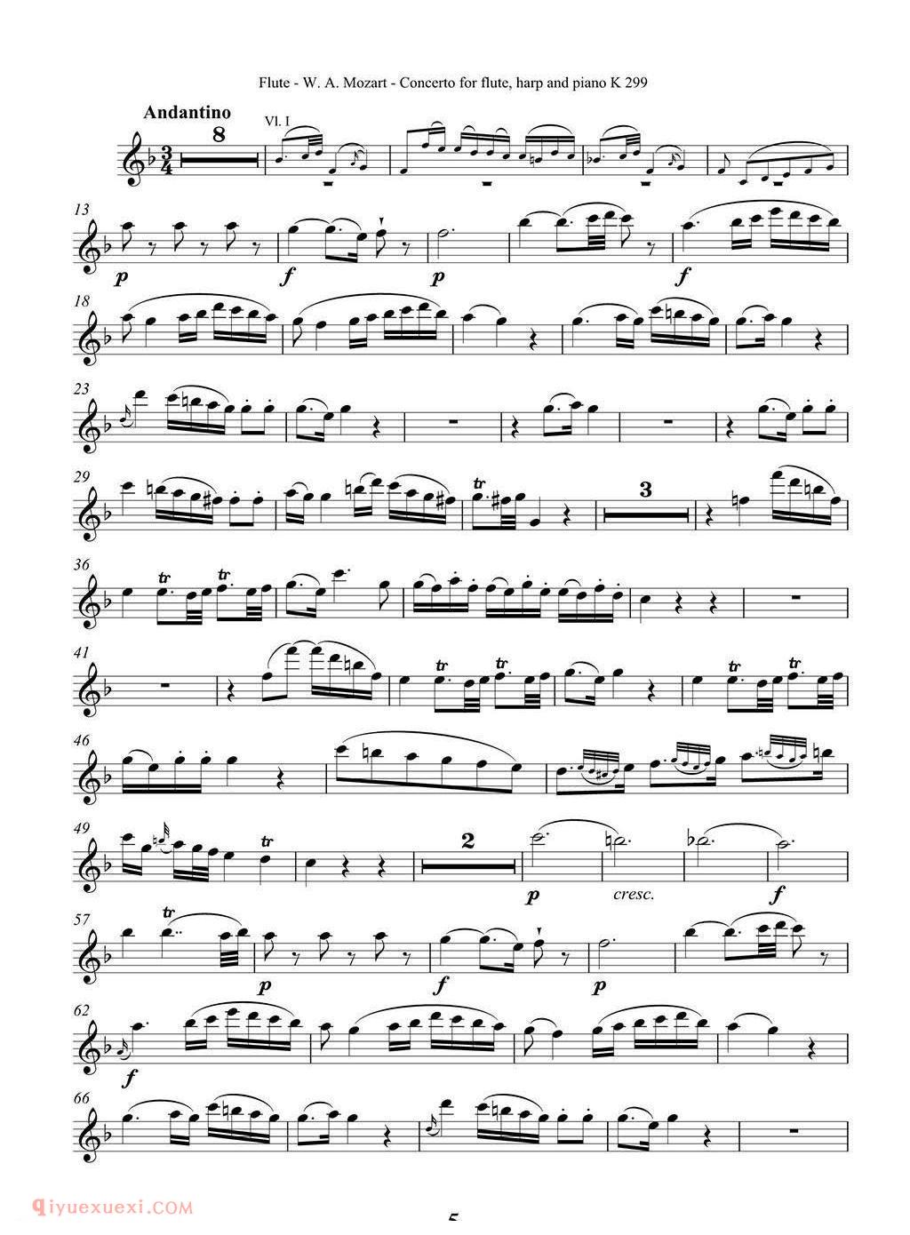 长笛谱/莫扎特C大调长笛竖琴协奏曲 K.299 Ⅰ-Ⅲ