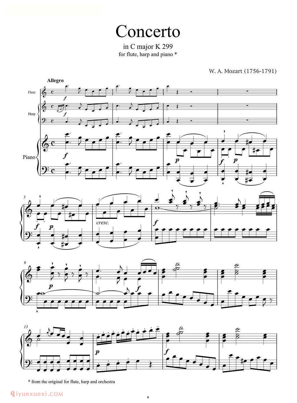 长笛竖琴钢伴谱《莫扎特C大调长笛竖琴协奏曲 K.299 Ⅰ》