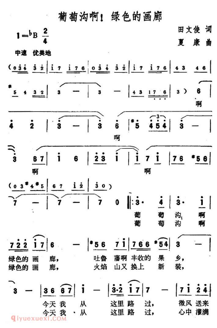 美声歌曲简谱《葡萄沟啊！绿色的画廊》