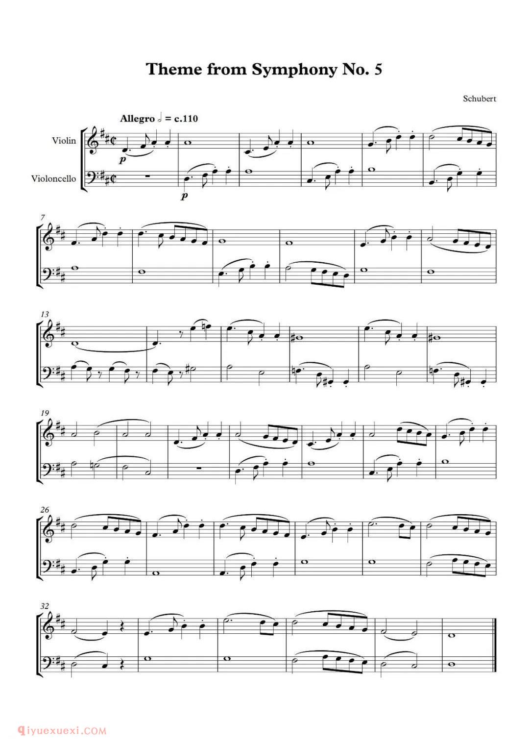 小提大提 | 舒伯特第五交响曲主题 Schubert - Theme from 曲谱分享Symphony No.5_VLNVLCduet（1分04）