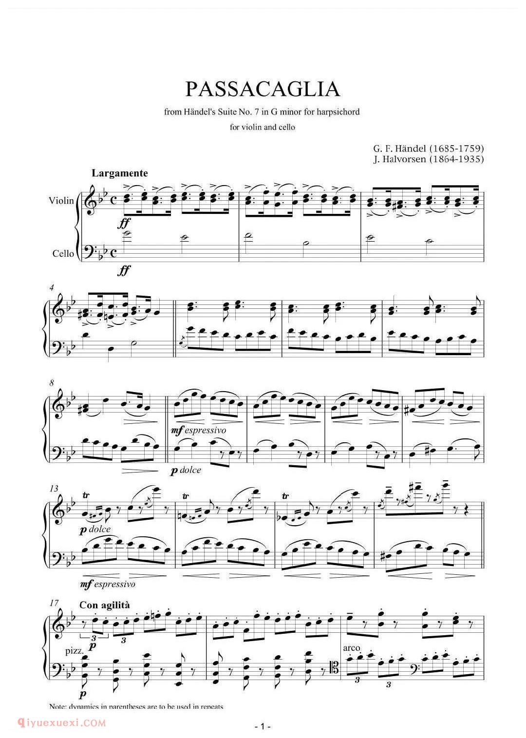 亨德尔 帕萨卡利亚 Passacaglia 大小提琴二重奏