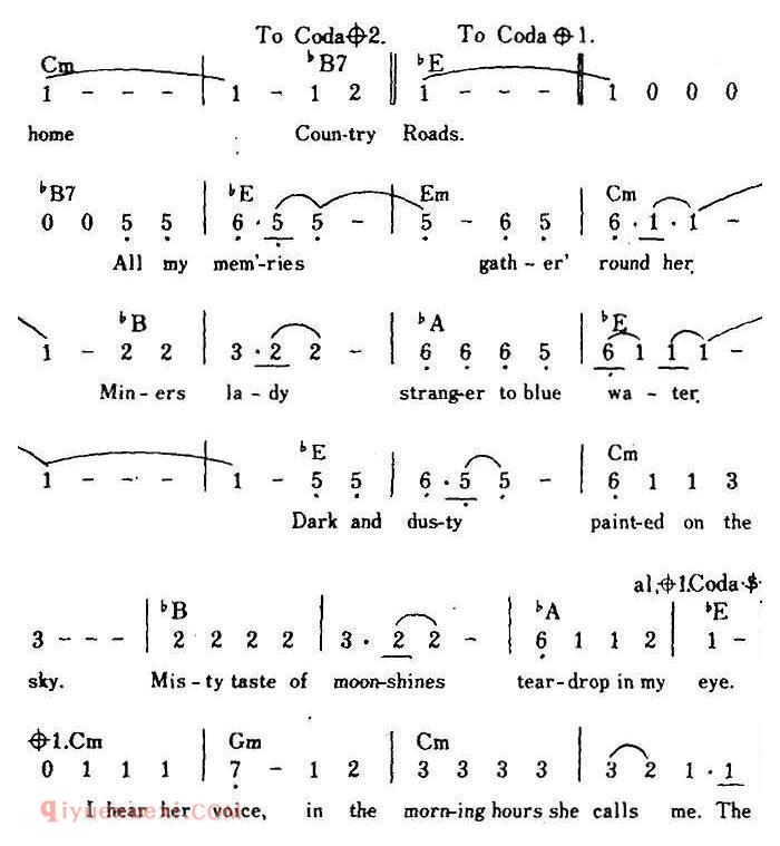 简谱《Country Road/乡间的路、带和弦》美国