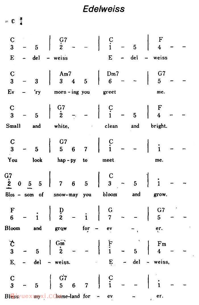 简谱《Edelweiss/雪绒花、带和弦》美国