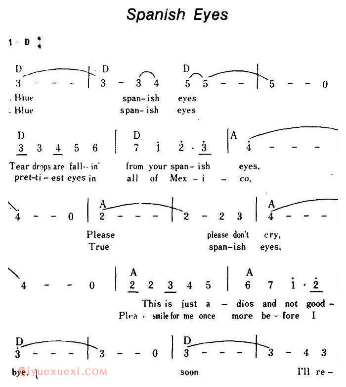 简谱《Spanish Eyes/西班牙眼睛、带和弦》美国