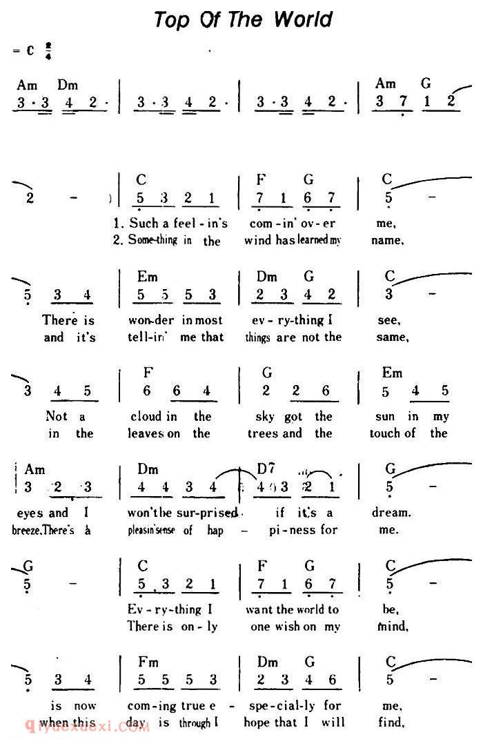 简谱《Top Of The World/世界之巅、带和弦》美国