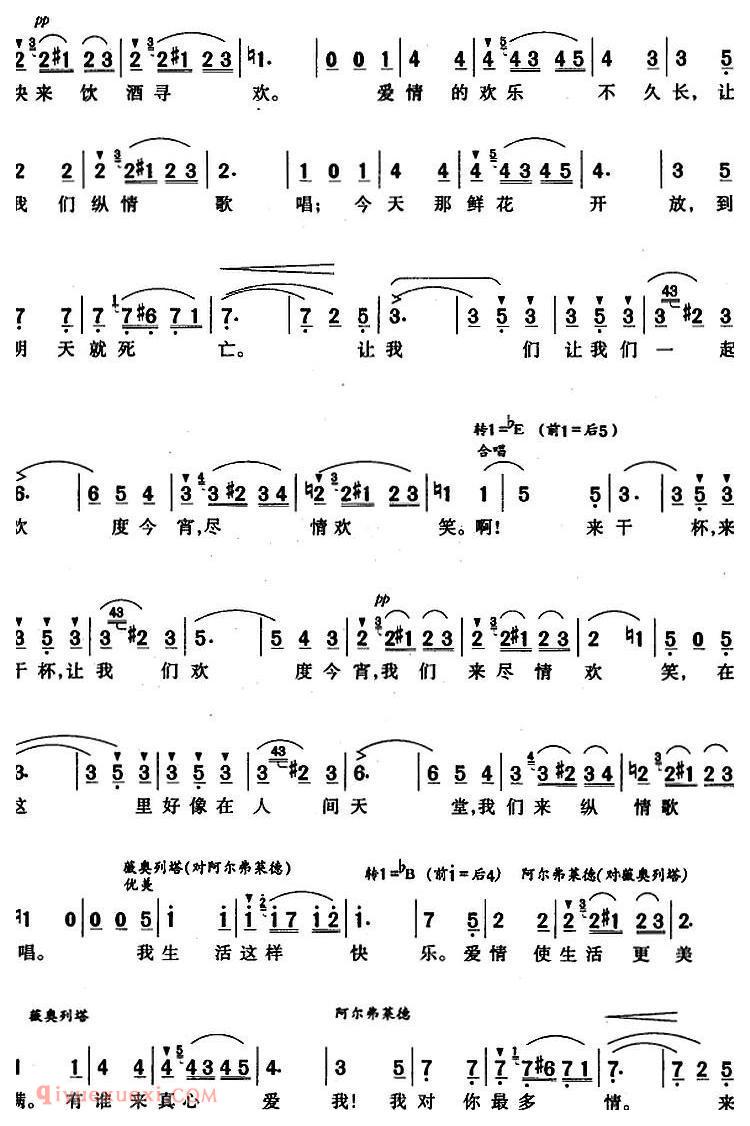 简谱《饮酒歌/歌剧/茶花女/选曲、张承谟译配版》意大利