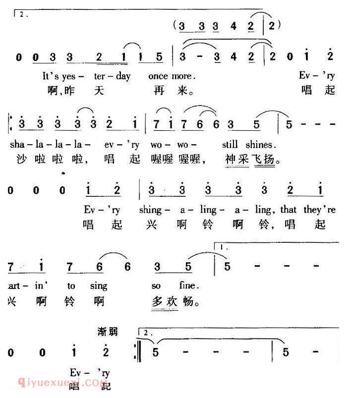 简谱《Yesterday Once More 昨天再来》