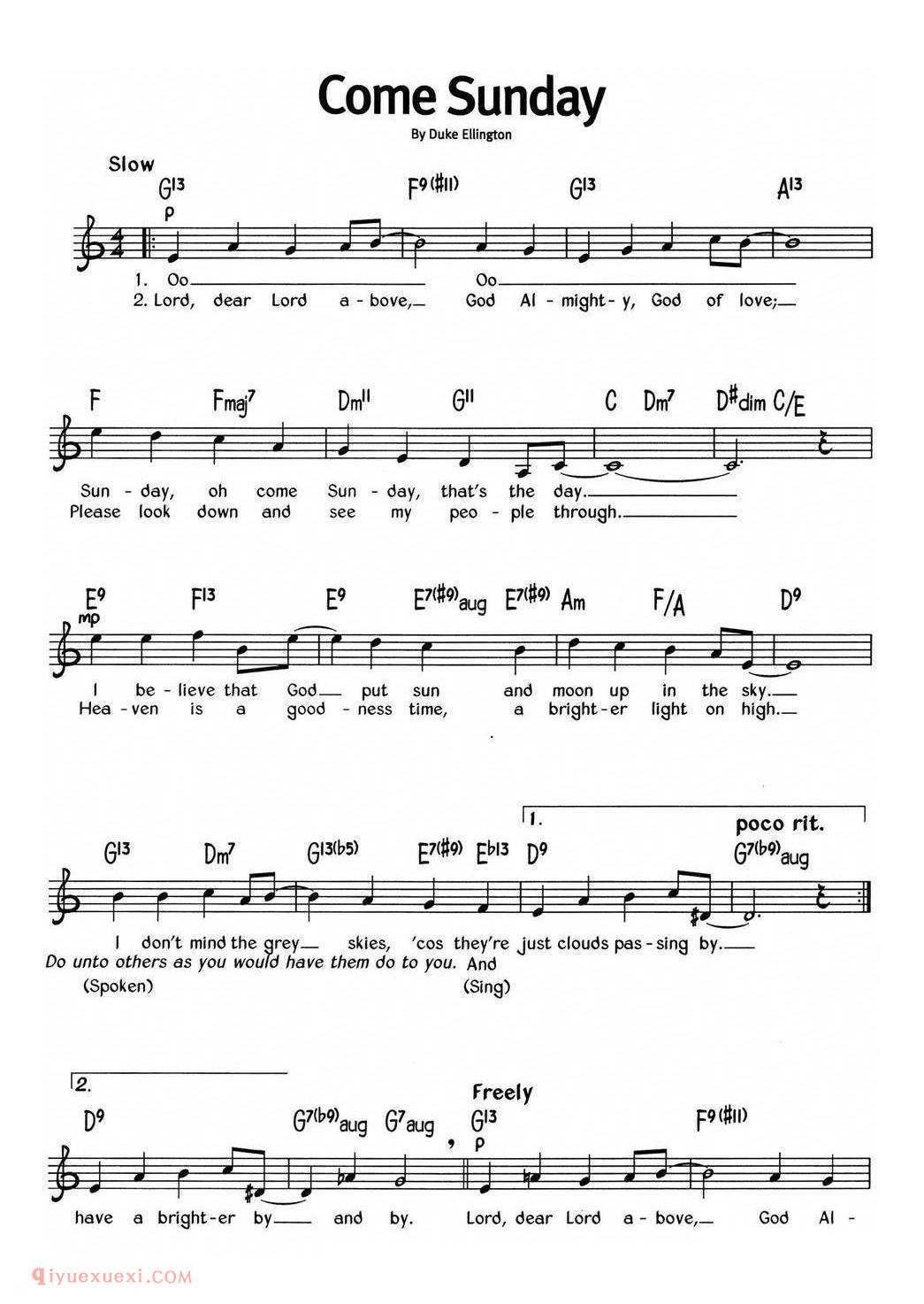 Come Sunday_蓝调音乐 | 五线谱