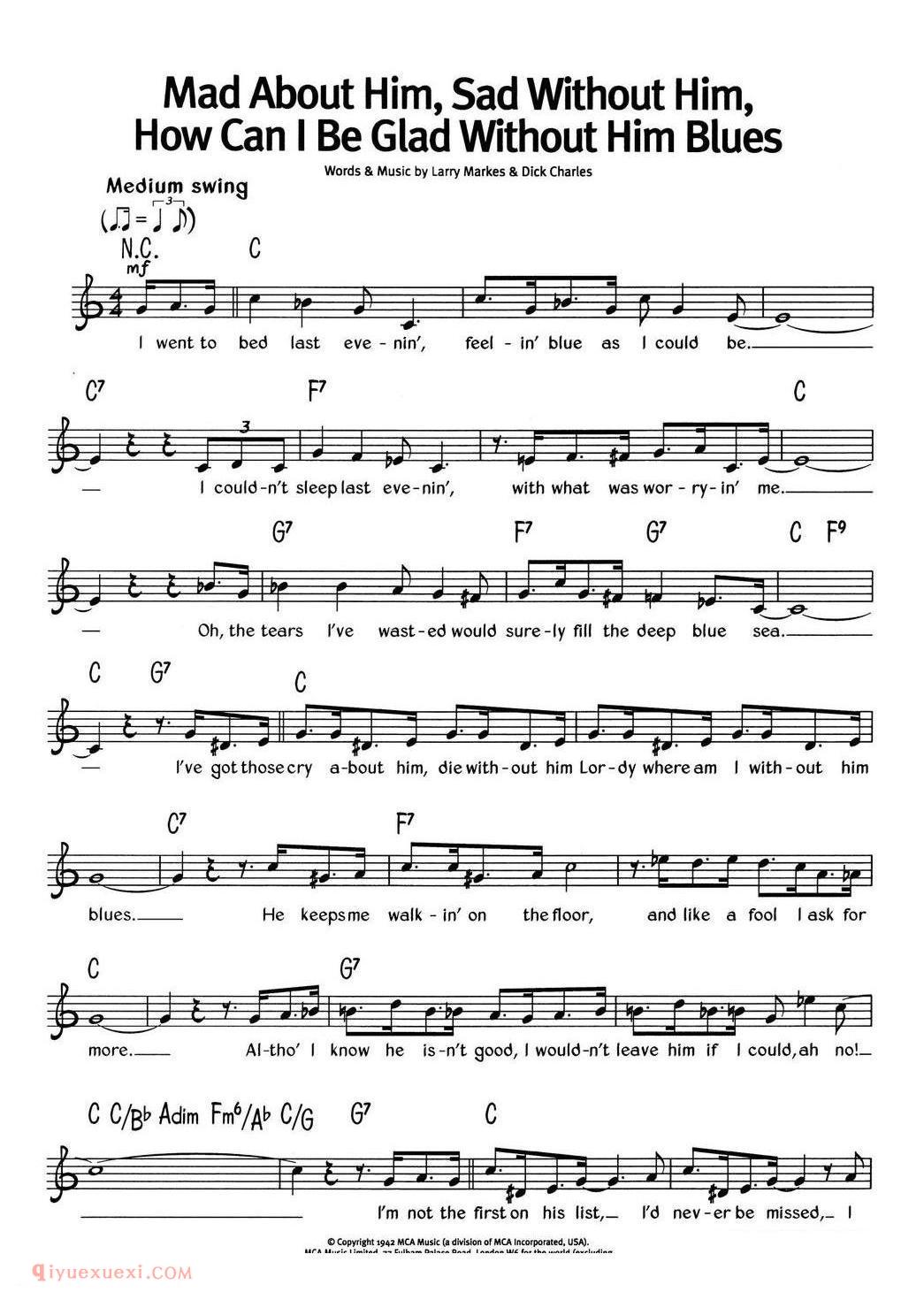 Mad About HimSad Without HimHow Can I Be Glad Without Him Blues_蓝调音乐 | 五线谱
