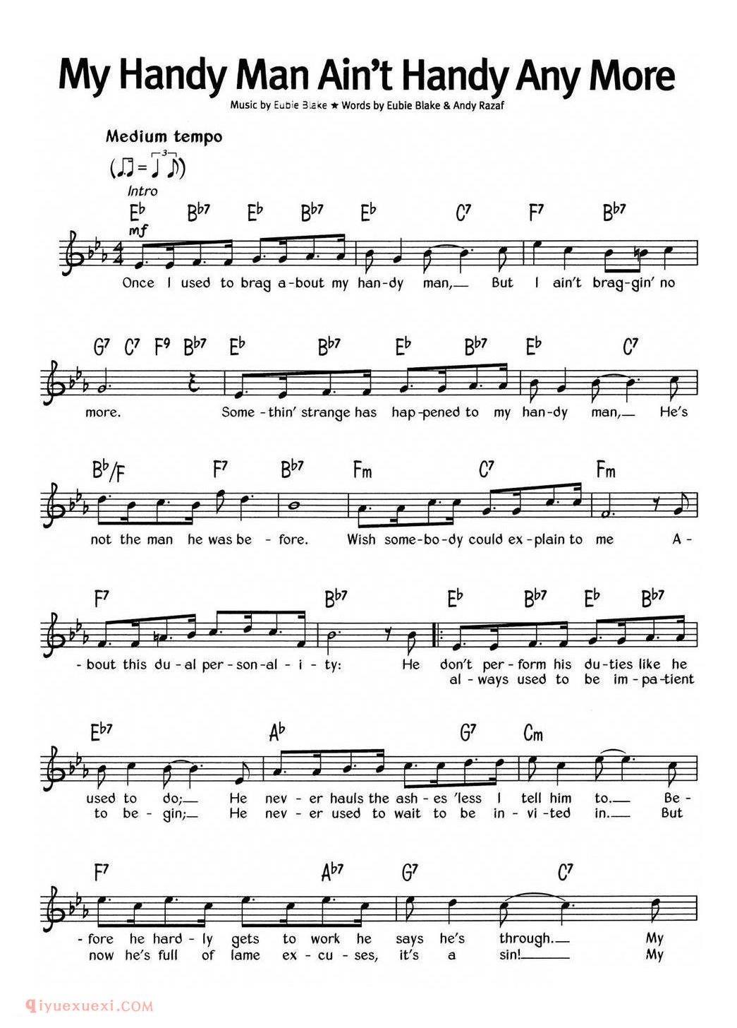 My Handy Man Ain't Handy Any More_蓝调音乐 | 五线谱