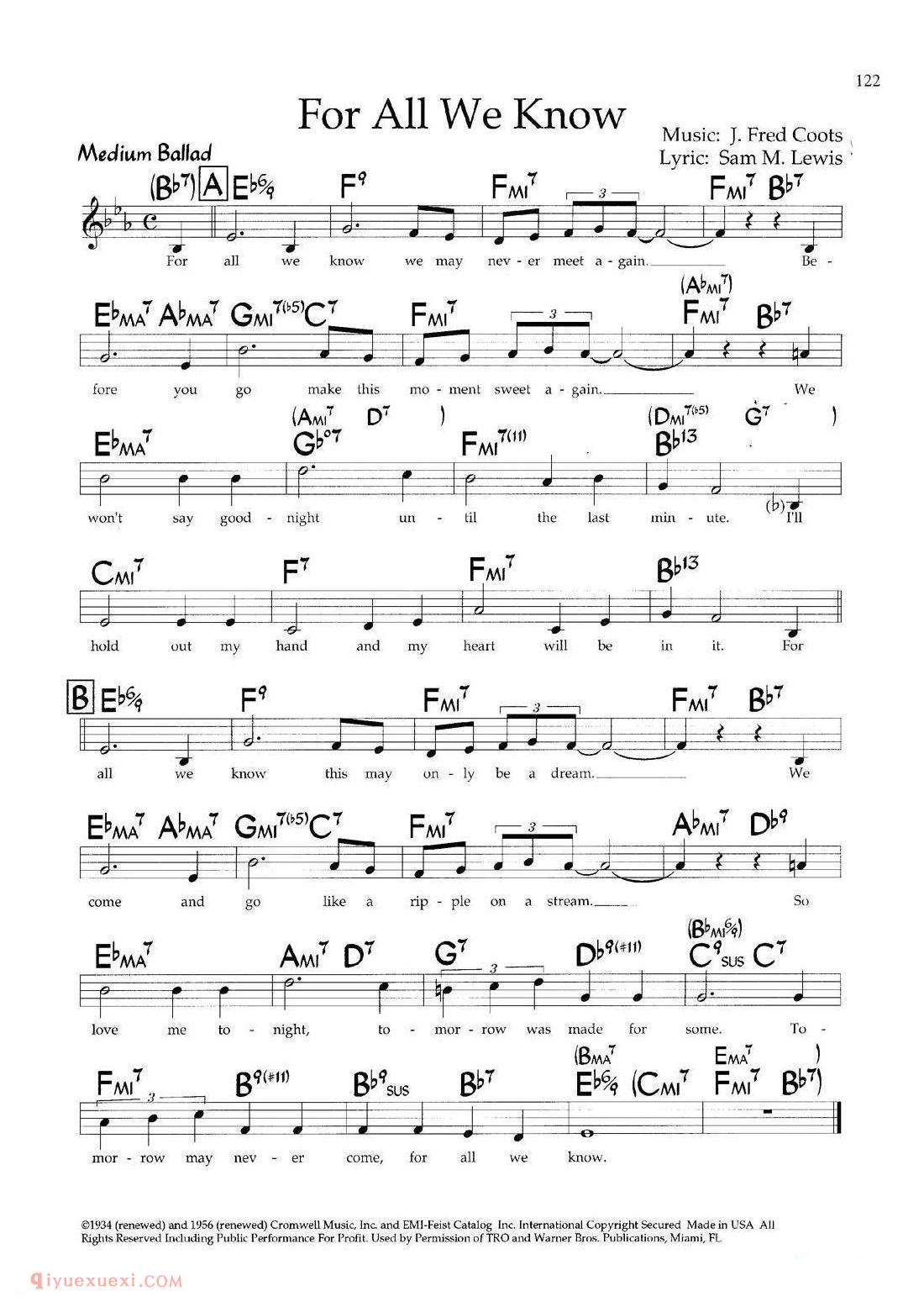 For All We Know 带和弦五线谱