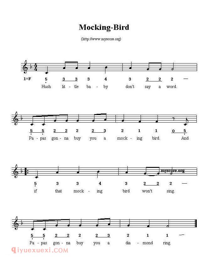 Mocking-bird（线简谱混排版、英文儿歌）