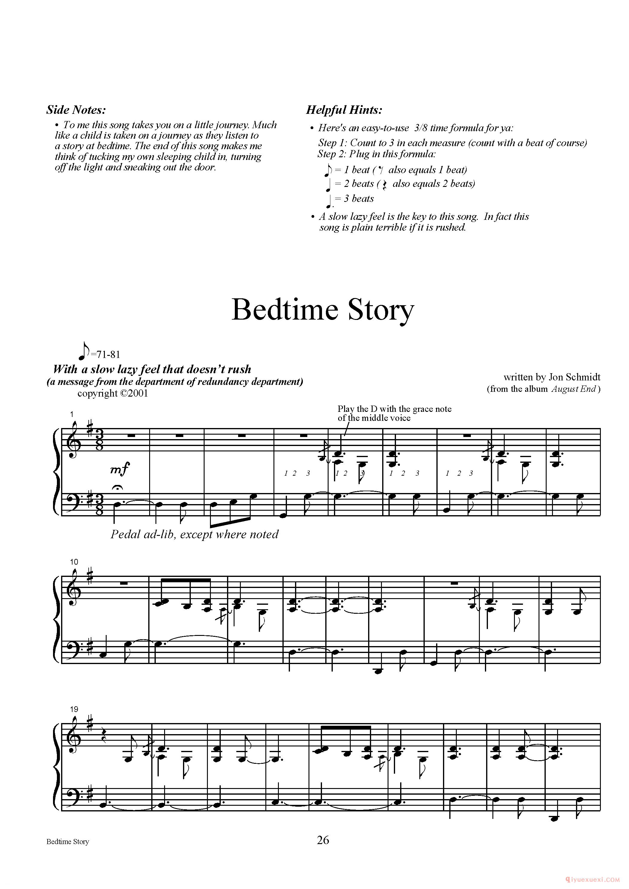 钢琴三声部独奏曲《Bedtime Story》Jon Schmidt