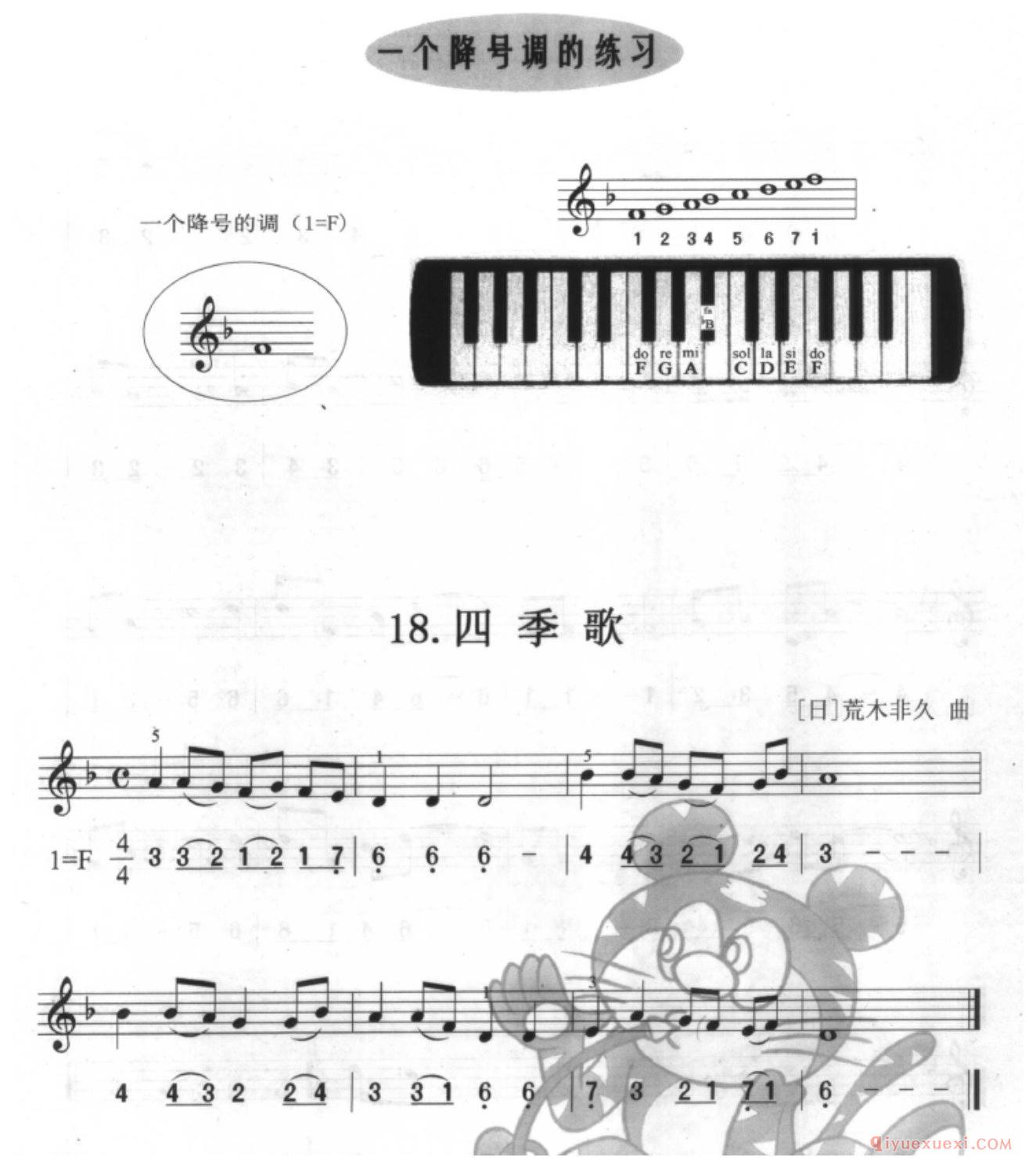 口风琴单声部乐曲《四季歌》—个降号调的练习