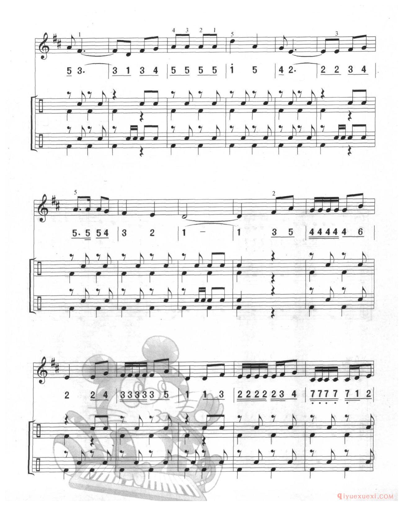 口风琴多声部乐曲《啄木鸟(总谱)》加入打击乐的练习