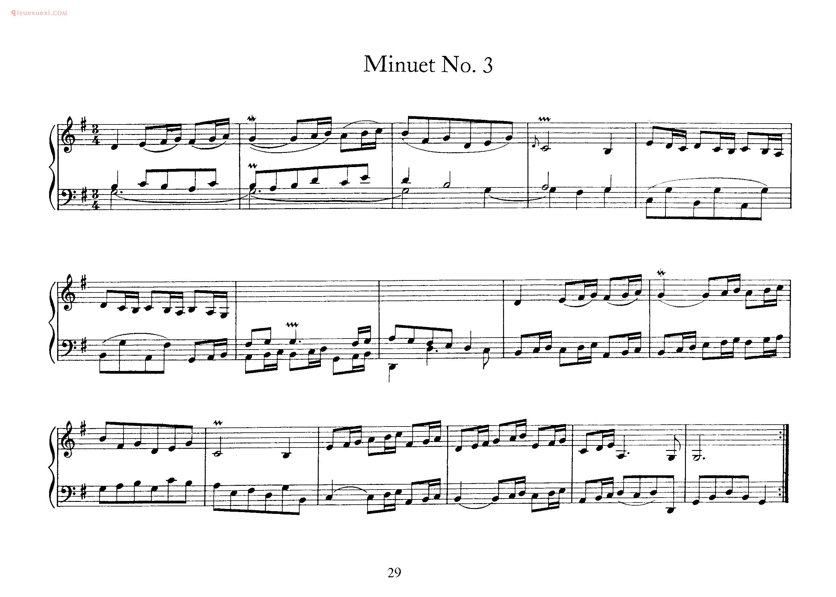 巴赫原版钢琴谱《Minuet NO.3》五线谱