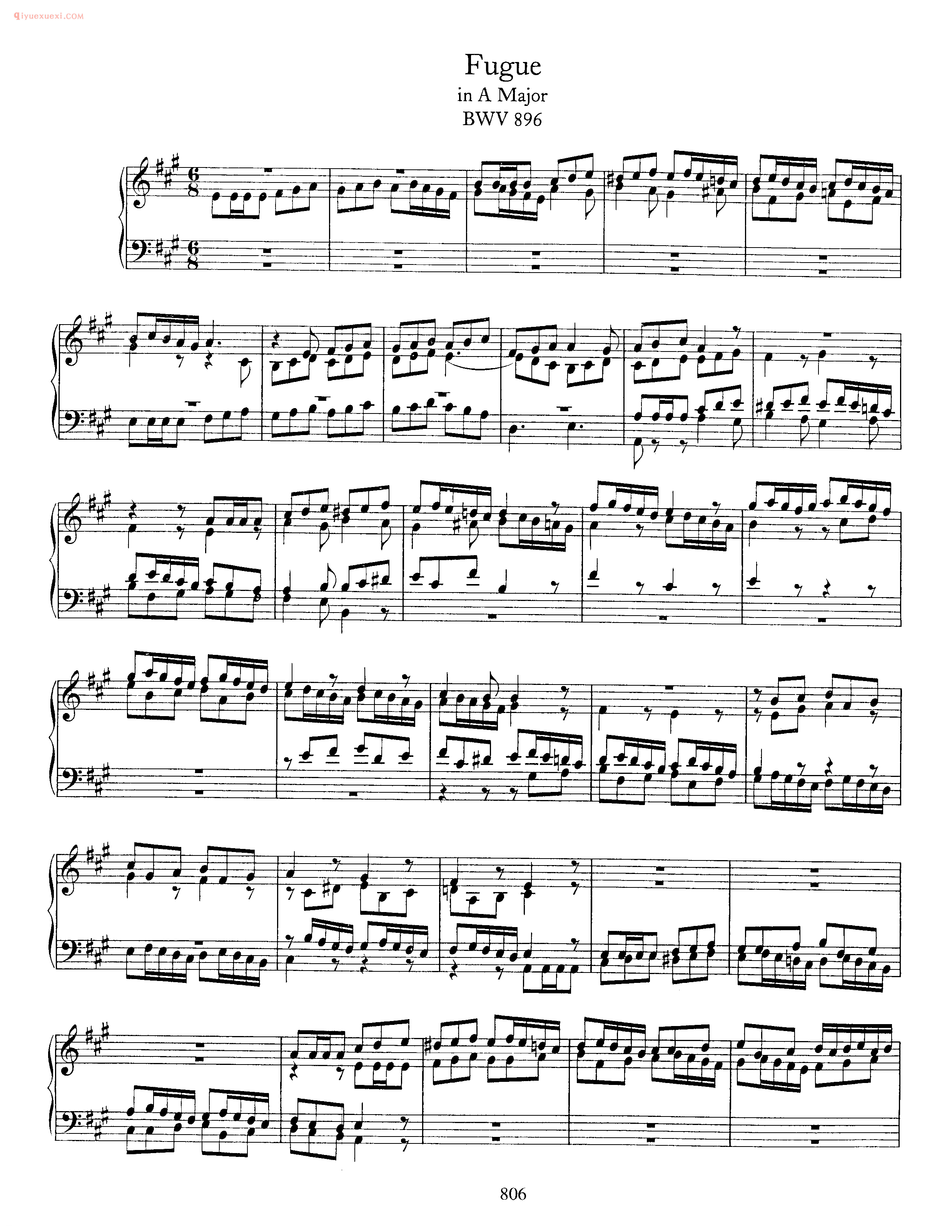 巴赫A大调赋格曲《Fugue_in A Major_BWV 896》巴赫钢琴作品