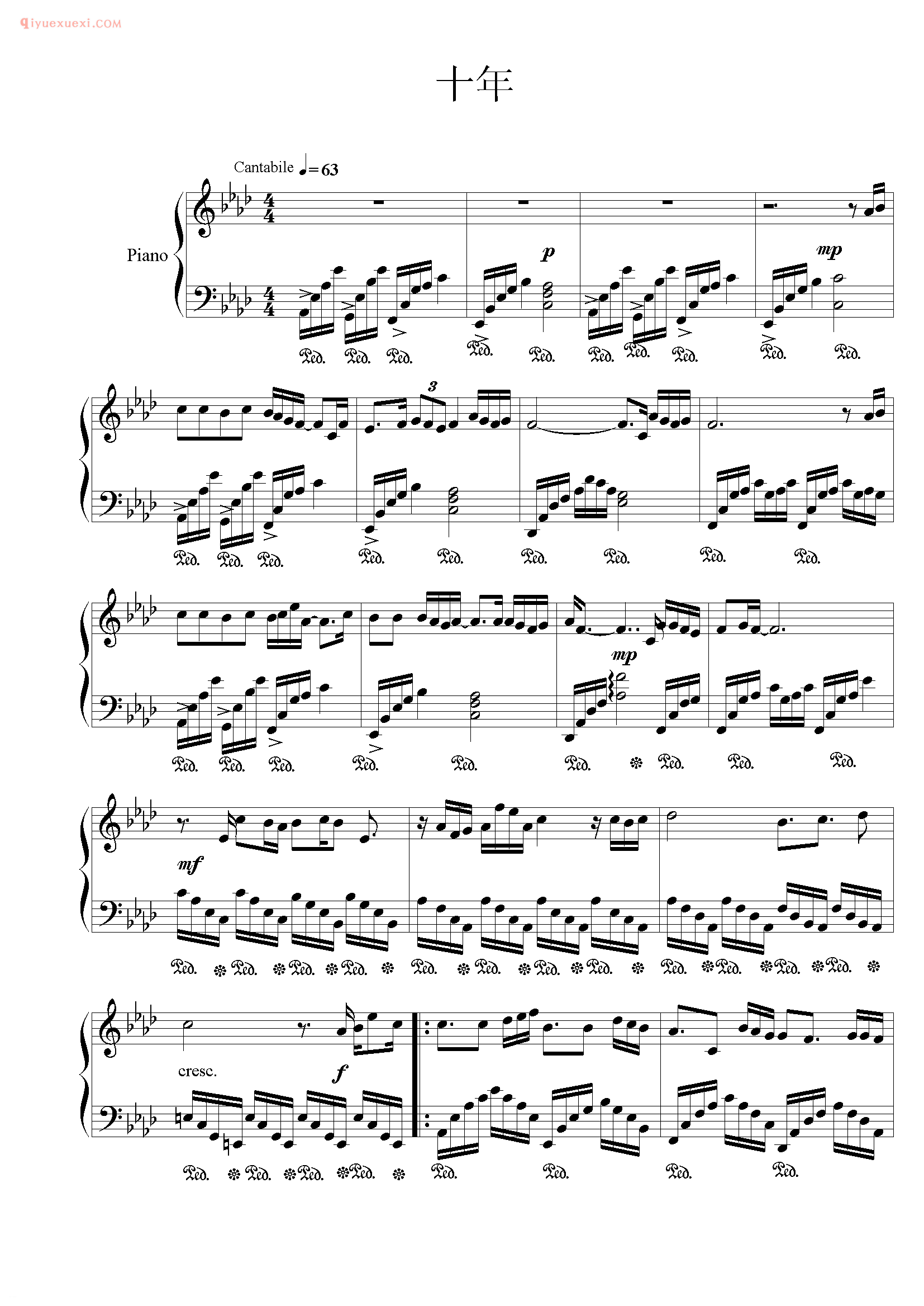 陈奕迅歌曲《十年》钢琴谱五线谱