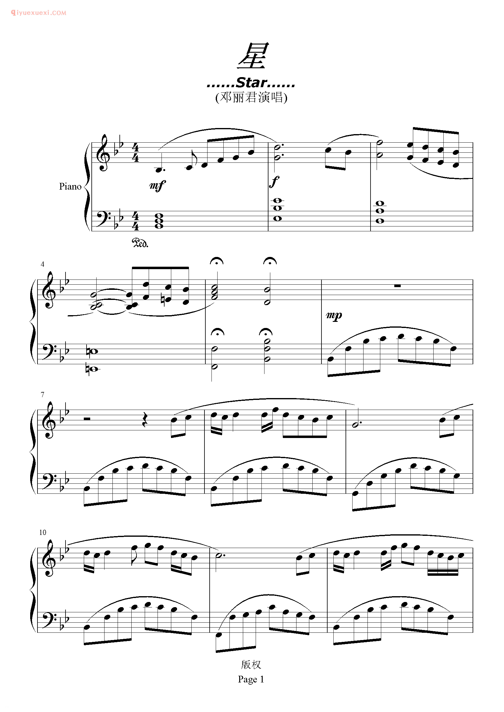 邓丽君歌曲《星 Star》钢琴谱五线谱