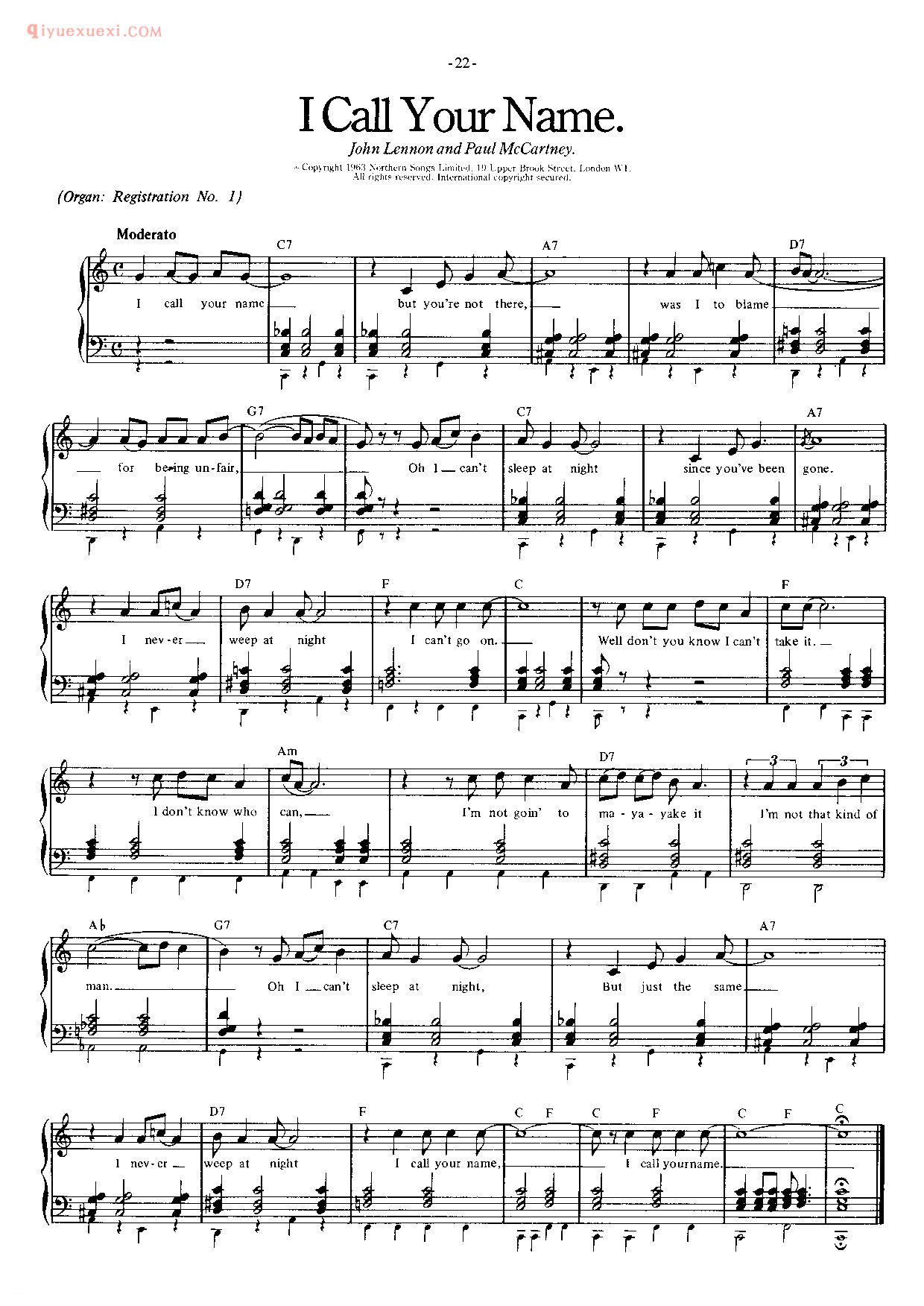 披头士/甲壳虫乐队钢琴乐曲谱《I Call Your Name》英国摇滚乐队