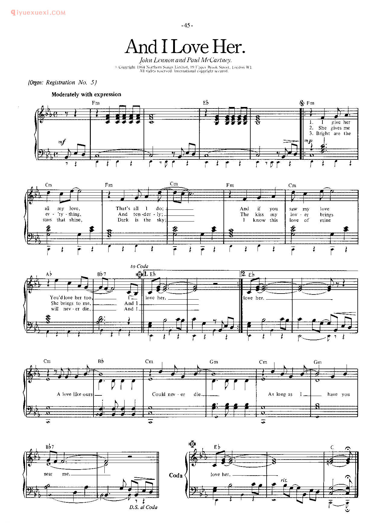披头士/甲壳虫乐队钢琴乐曲谱《And I Love Her》英国摇滚乐队