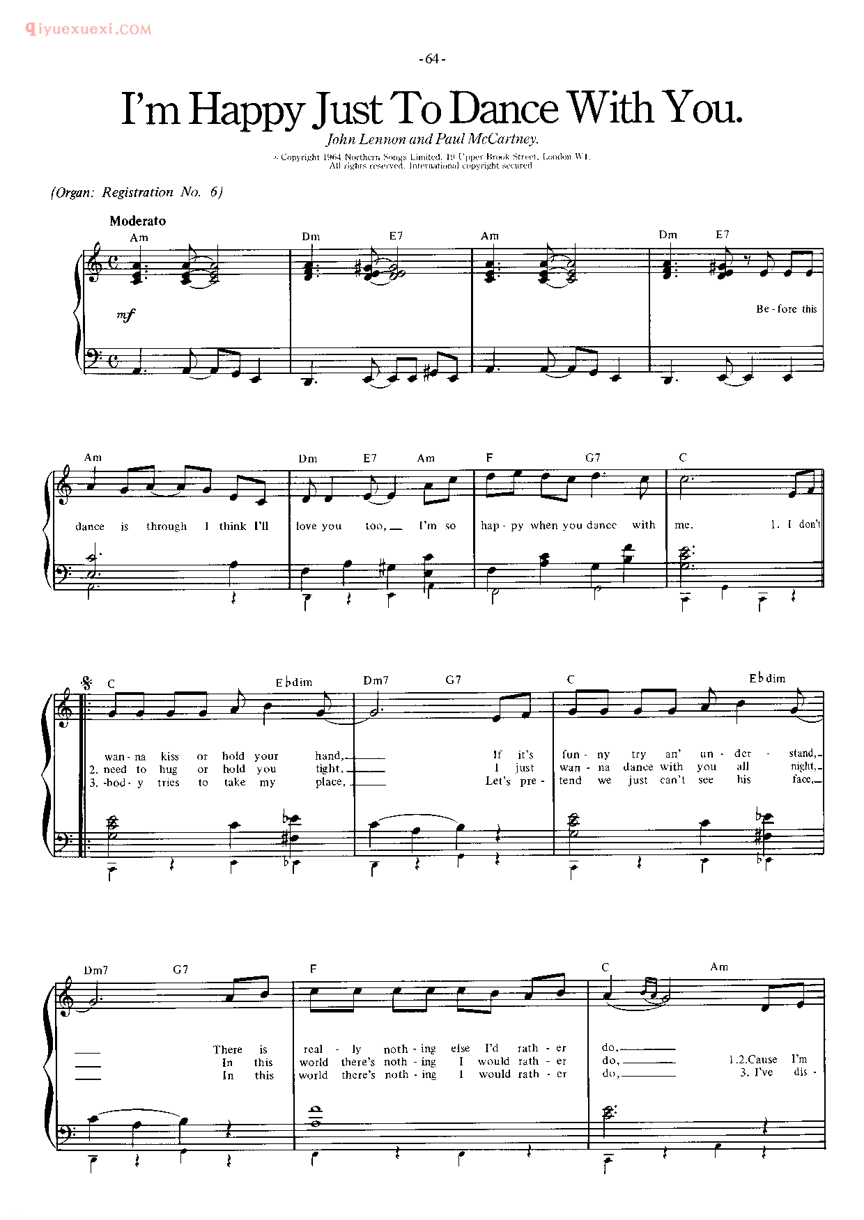 披头士/甲壳虫乐队钢琴乐曲谱《I'm Happy Just To Dance With You》英国摇滚乐队