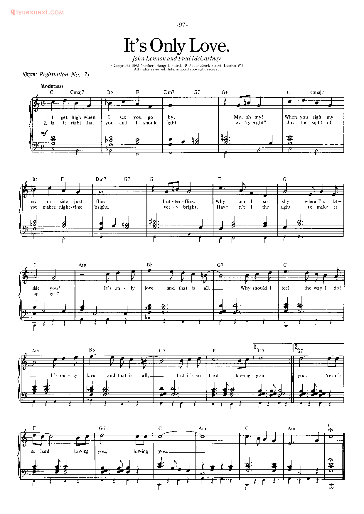 披头士/甲壳虫乐队钢琴乐曲谱《It's Only Love》英国摇滚乐队