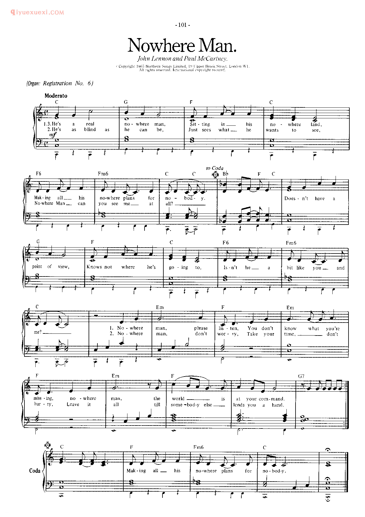 披头士/甲壳虫乐队钢琴乐曲谱《Nowhere Man》英国摇滚乐队