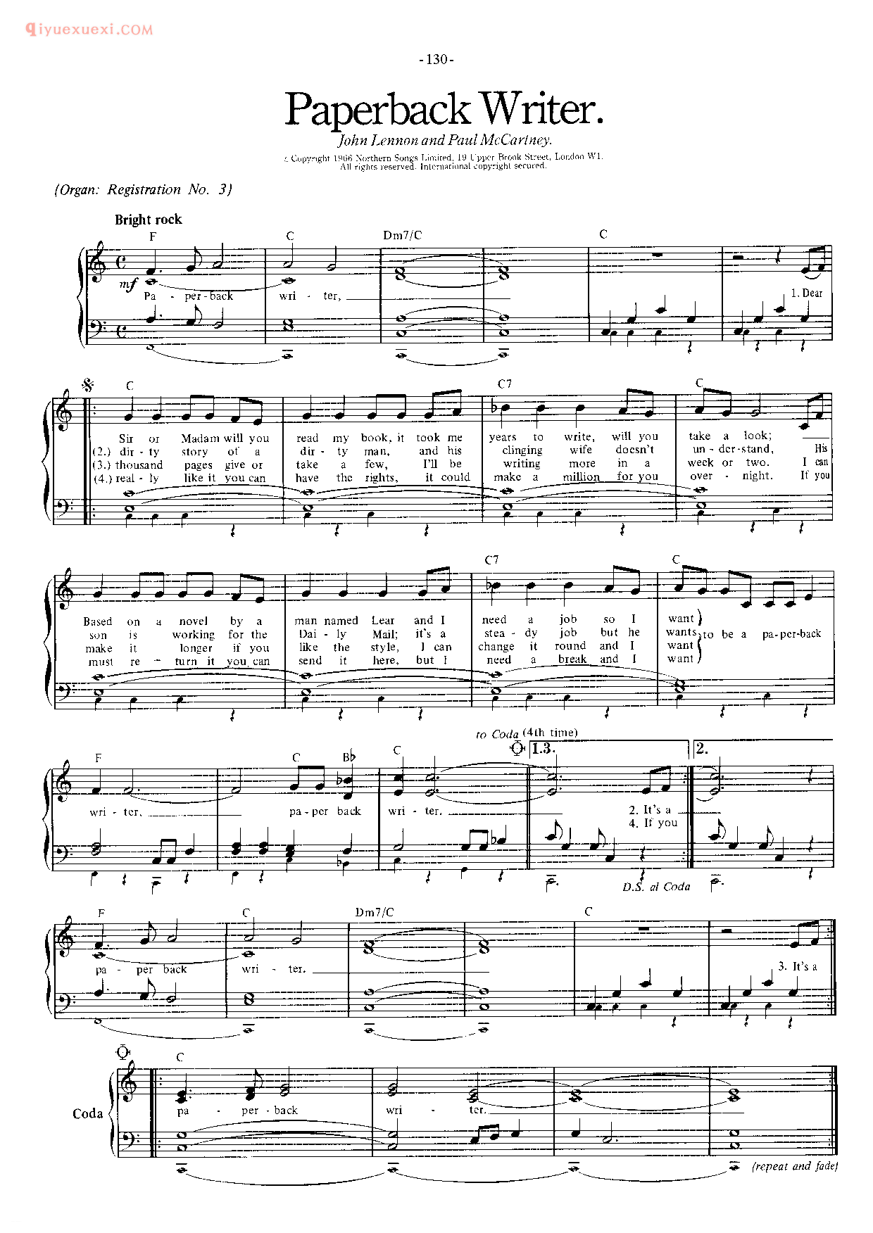 披头士/甲壳虫乐队钢琴乐曲谱《Paperback Writer》英国摇滚乐队