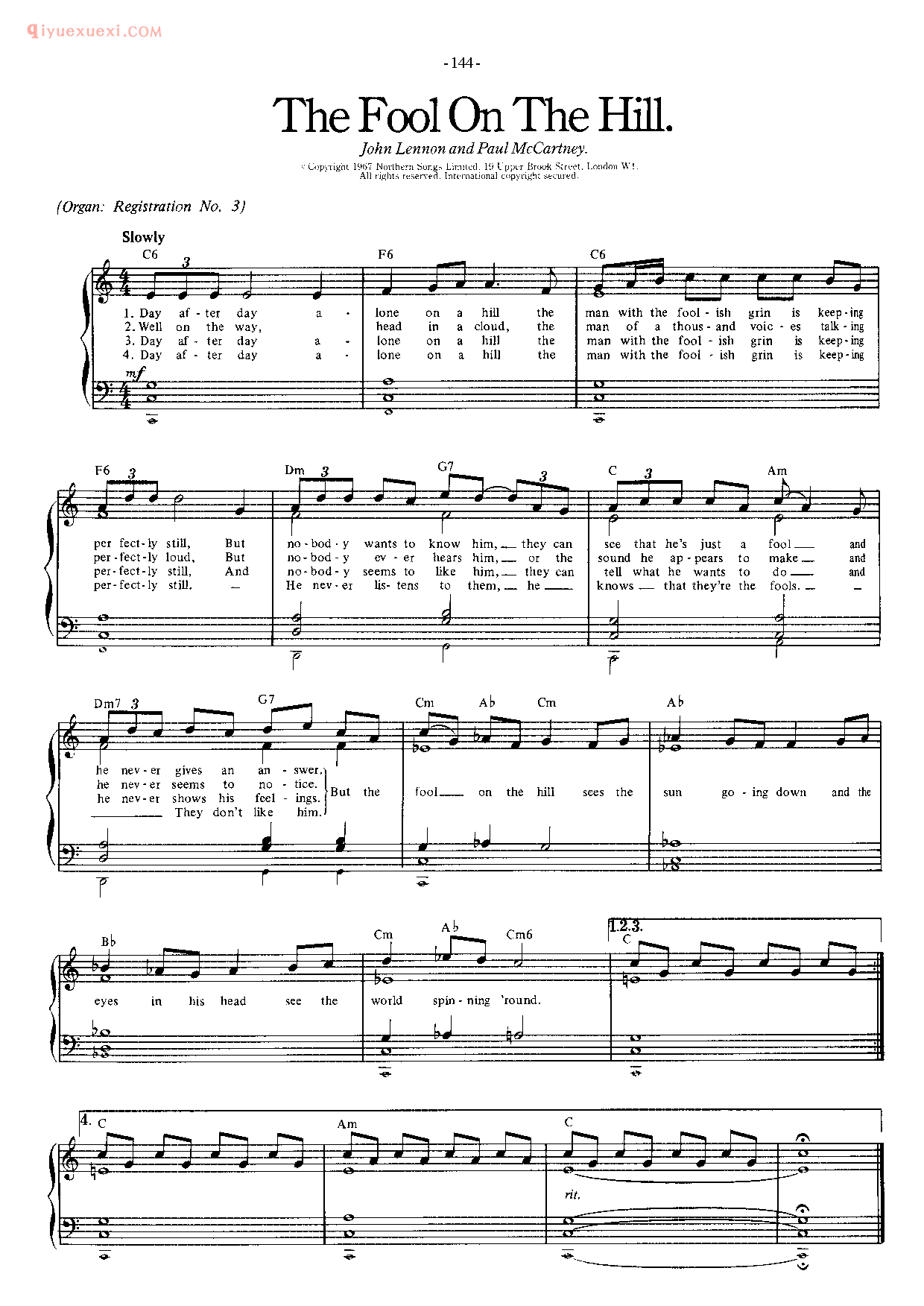 披头士/甲壳虫乐队钢琴乐曲谱《The Fool On The Hill》英国摇滚乐队