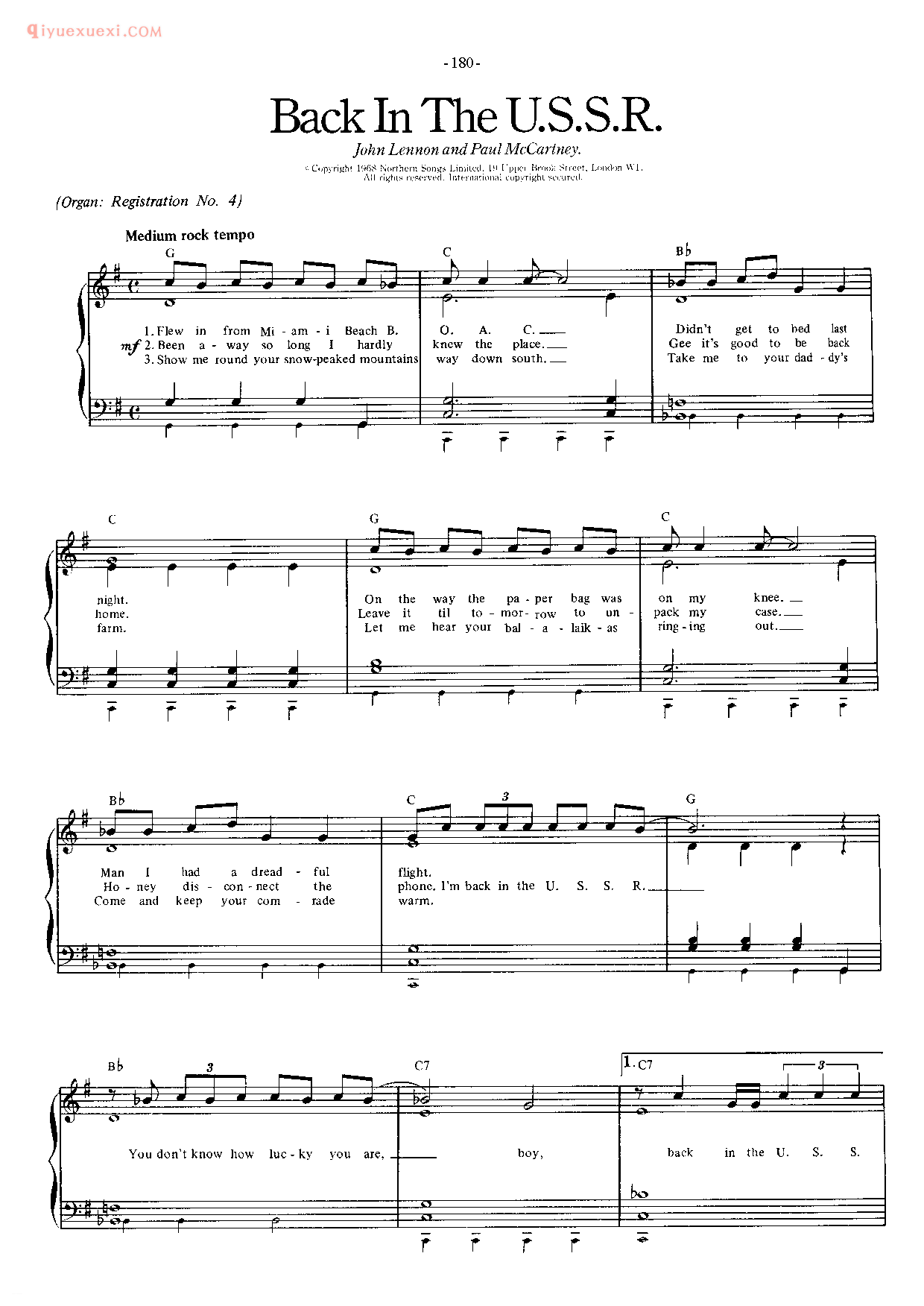 披头士/甲壳虫乐队钢琴乐曲谱《Back In The U.S.S.R》英国摇滚乐队