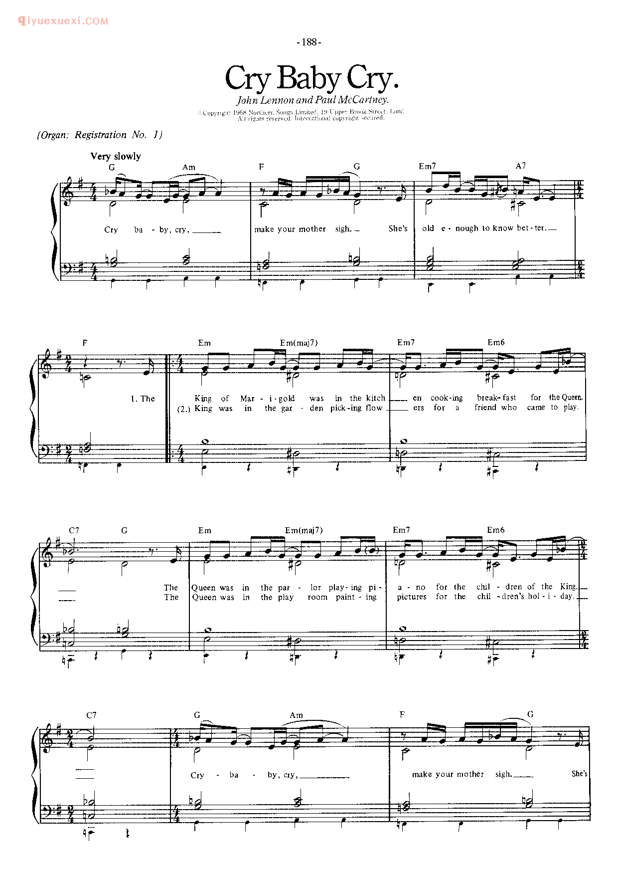 披头士/甲壳虫乐队钢琴乐曲谱《Cry Baby Cry》英国摇滚乐队